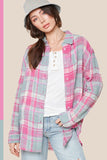 Pink Plaid Button Front Relaxed Raw Hem Shirt