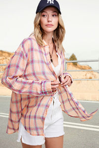 Button Front Relaxed Bold Plaid Cotton Blend Shirt