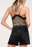 Color Washed Side Slits Frayed Hem Denim Shorts