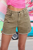 Color Washed Side Slits Frayed Hem Denim Shorts