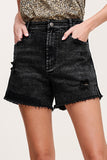 Color Washed Side Slits Frayed Hem Denim Shorts