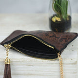 Katie Faux Snakeskin Tassel Keyring Pouch Brown Black