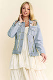 Floral Embroidery Mesh Denim Jacket | Sheer Panel Button-Front
