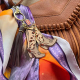 Pink Floral Cowgirl Boots Tassel Enamel Keychain Bag Charm