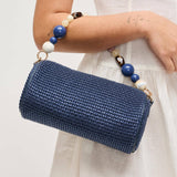 Rachel Woven Barrel Clutch | Navy with Beaded Handle & Chain Strap