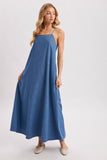 Denim Open Back Maxi Dress - Sleeveless Tent Dress with Pockets