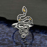 Artisan Celestial Sterling Silver Snake Ring with Bronze Star and Moon