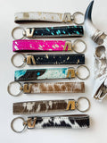 Western Hair On Cowhide Keychain: Acid Wash Turquoise