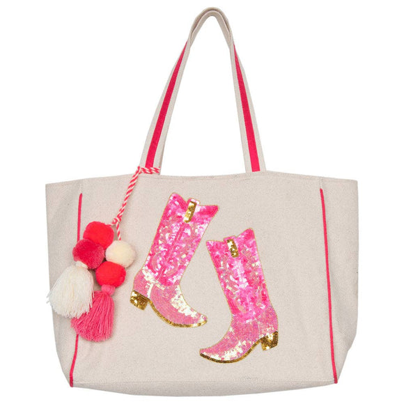 Kicking Boots Cowgirl Western Sequin Canvas Tote Bag