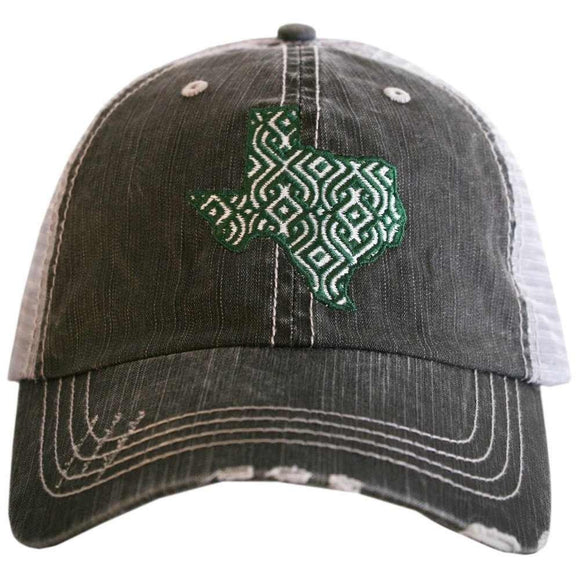 Embroidered Green White Ikat Texas Distressed Trucker Hat