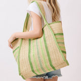 Natural Paper Straw Tote Bag with Multicolor Stripes in Green