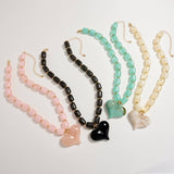 Colorful Beaded Heart Necklace | Multi-Color Barrel Bead Statement Necklace in Black
