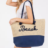 Crochet & Color-Sewn Rope Beach Tote Bag in Hot Pink