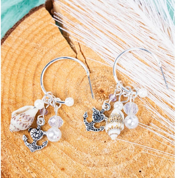 Anchor Shell and Iridescent Bead Charm Hoop Earrings
