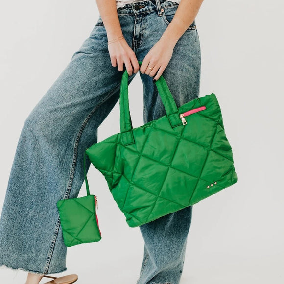 Presley Puffer Nylon Quilted Tote Bag With Pouch Emerald Green