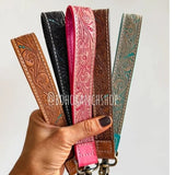 Hand Tooled Leather Wristlet Keychain Key Fob Skinny Turquoise