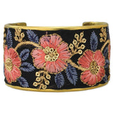 Vintage Pink & Blue Embroidered Ribbon Cuff Bracelet – Gold Tone