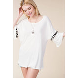 Loose Fit Bell Sleeve Kimono Top with Special Trims in Ivory