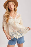 Boho Sheer Crochet Lace Top with Tassels - Natural