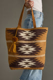 Tan, Brown & Cream Western Woven Wool Tote Bag | Boho Pom Tassel Tote