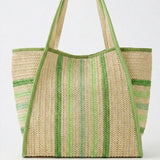 Natural Paper Straw Tote Bag with Multicolor Stripes in Green