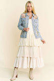 Floral Embroidery Mesh Denim Jacket | Sheer Panel Button-Front