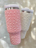40 oz White Pearl Studded Stainless Steel Tumbler with Handle