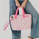 Presley Puffer Nylon Quilted Tote Bag With Pouch Pink Floral