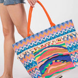 Boho Print Pom Pom Fringe Tote Bag in Multi