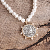 Boho Coin & Pearl Statement Necklace | Mixed Metal Gold & Silver Tone