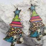 Wooden Mixed Printed Leopard Christmas Tree Earrings