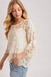 Boho Sheer Crochet Top - 3/4 Sleeve Lace Blouse Ivory