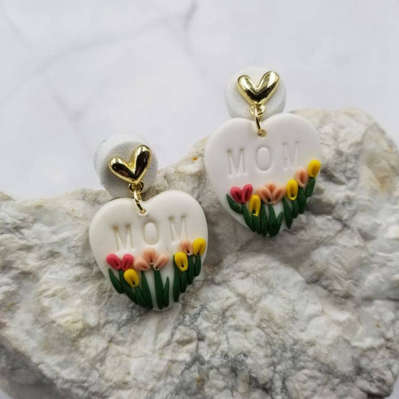 MOM Heart Tulip Flower Clay Dangle Earrings