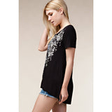 Floral Printed Rhinestone Short Sleeve Knit Top in Black