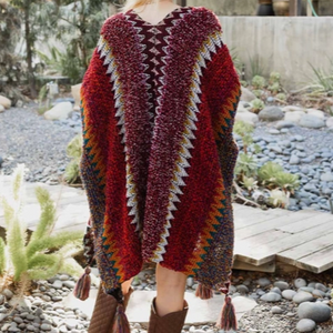 Colorful Crochet Patterned Tassel Boho Wrap Ruana Maroon