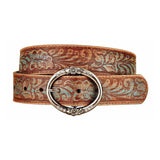 Floral Embossed Leather Belt | Rhinestone Ring Buckle