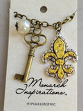 Charm Necklace with Hammered Fleur De Lis Key and Pearl Charms