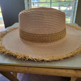 Boho Fringe Edge Woven Straw Panama Sun Hat Pink Tan