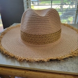 Boho Fringe Edge Woven Straw Panama Sun Hat Pink Tan