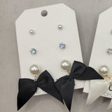 3 Pack Pearl Black Bow and Stud Earrings Set