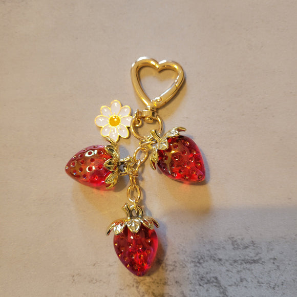 Strawberries and Enamel Daisy Keychain Bag Charm