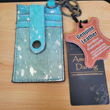 Hair-On Cowhide Card Holder – Western Wallet with Keyring Clip Turquoise Metallic Silver