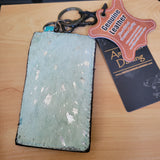 Hair-On Cowhide Card Holder – Western Wallet with Keyring Clip Turquoise Metallic Silver
