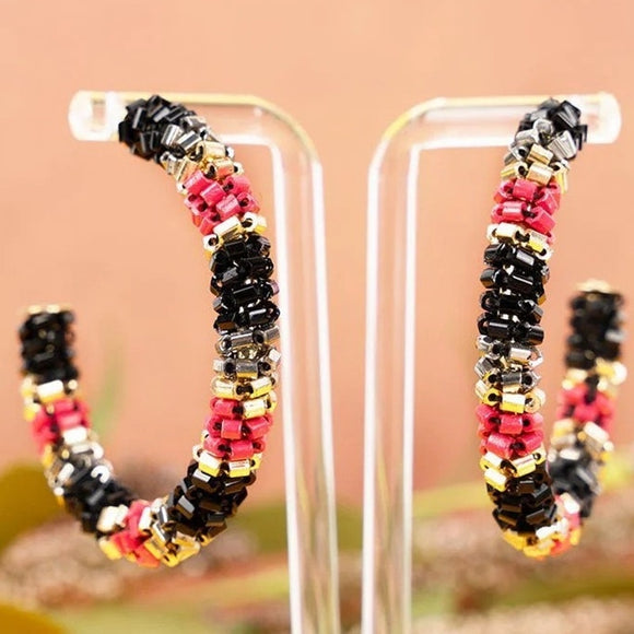 Red Black Seed Bead Wrapped Hoop Earrings