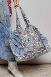 Floral Embroidered Ruffle Denim Tote Bag