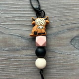 Western Country Highland Cow Silicone Beaded Keychain Bag Charm Brown