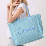 Woven Straw Fringe Tote with Summer Embroidery & Gold Lurex in Blue