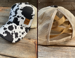 Black White Cow Print Western Trucker Ponytail Hat