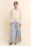 Sheer Floral Lace Bell Sleeve Blouse Cream