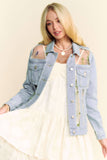 Floral Embroidery Mesh Denim Jacket | Sheer Panel Button-Front